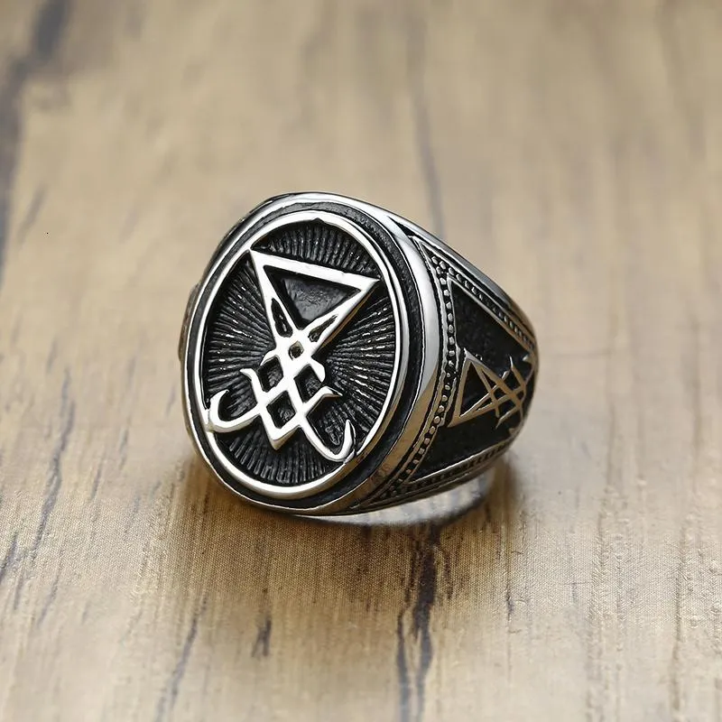 Bagues en grappe SIGIL EN ACIER INOXYDABLE MASSIF DE LUCIFER SATANIC SATAN SIGNET RING POUR HOMME BIJOUX