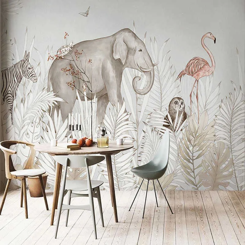 사용자 정의 자기 접착 벽화 벽지 현대적인 식물 코끼리 사슴 3D 만화 어린이 침실 배경 벽 스티커 장식