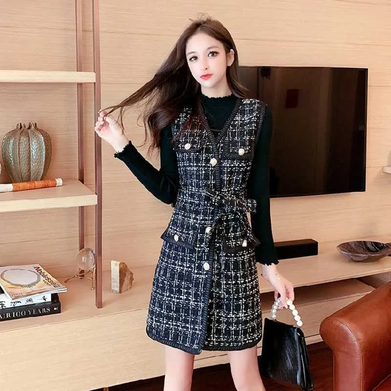 Höst Vinter Kvinnor 2 Piece Outfits Blcak Slim Stickad Sweater + Sashes Single-breasted Plaid Vest Woolentweed Dress Set 210529