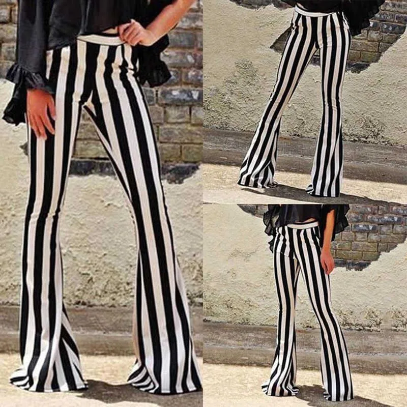 Striped Wide Leg Pant For Women Elastic High Waist new Long Trouser Autumn Female 2021 Fashion Flare Pants OL Clothes Q0801
