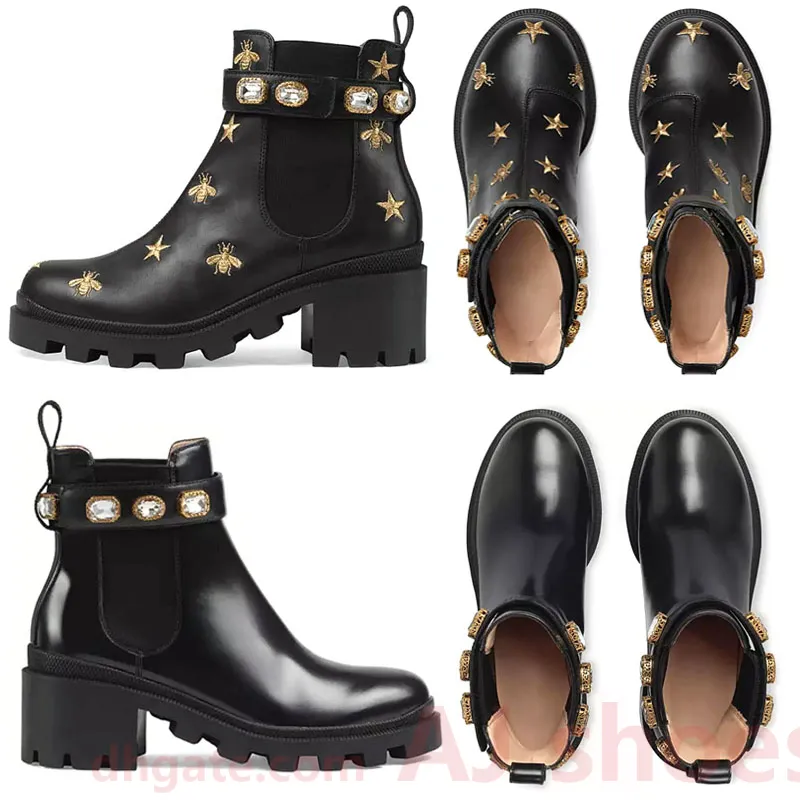 2023 Damen Designer Stiefel Desert Boot Diamond Bee Stickerei Sterne Leder Medaille Grobe rutschfeste Winterschuhe Größe EU35-40