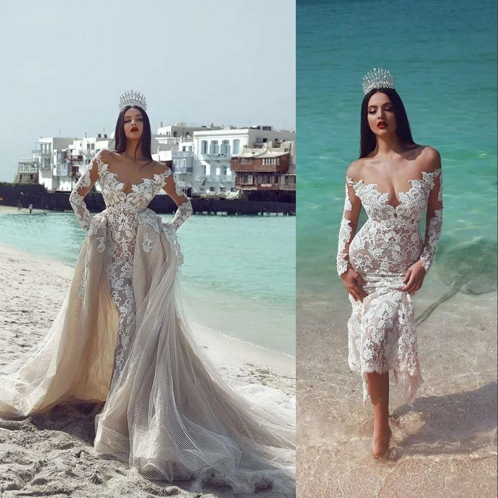 2021 Sexiga sade Mhamad Champagne Mermaid Bröllopsklänningar Brudklänningar Av Skulder Långärmad Full Lace Bridal Gown Plus Size Overskirts Detachable Train