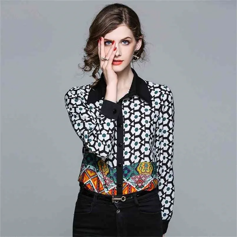 Frauen Langarm Schwarz Blusen Büro Vintage camisas feminina Geometrische Blumen Drucke Patches Casual Shirts damen tops 210603