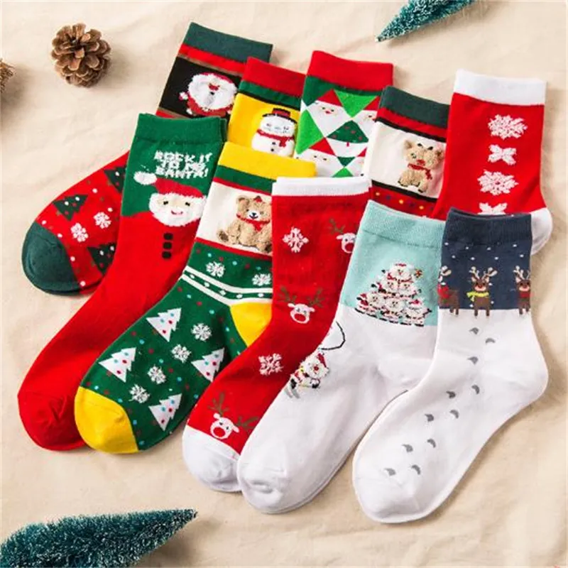 Winter Christmas Socks Red Stockings Middle Girls Women Socks Cute Cartoon Elk Deer Cotton Xmas Sock Soft Gifts