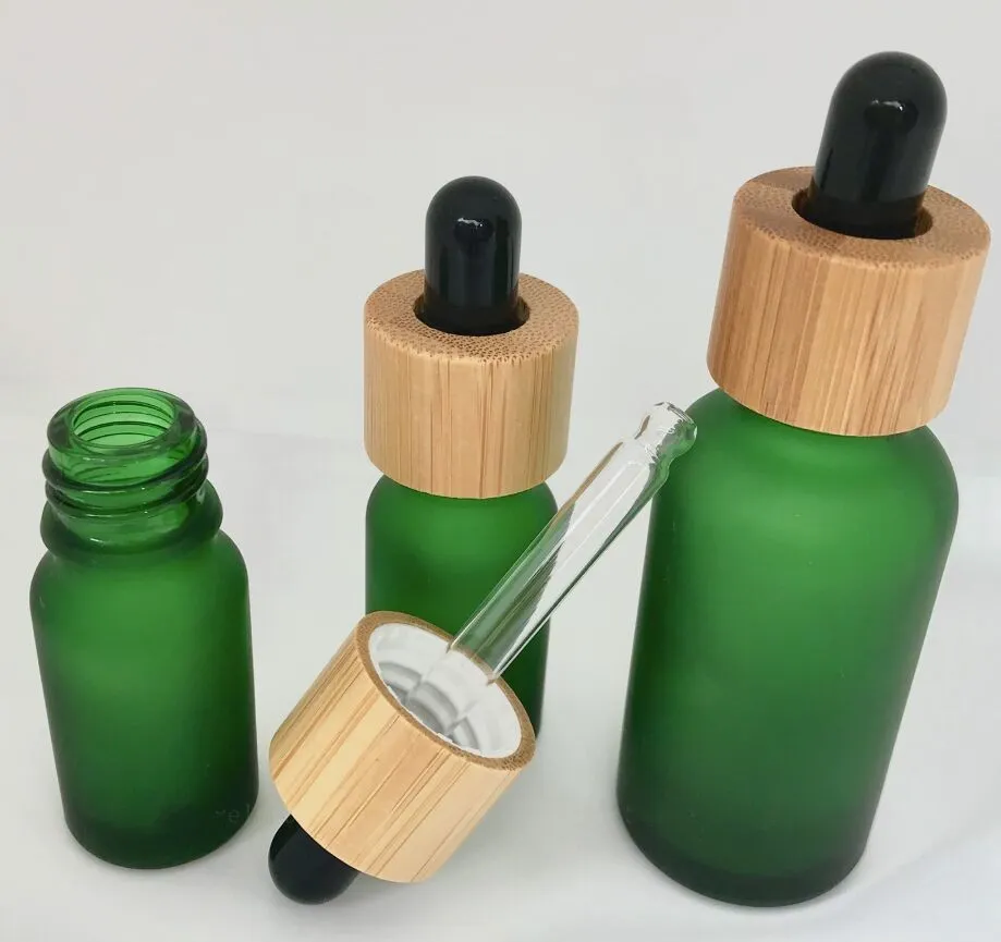 Flacon compte-gouttes en verre vert ambre givré 5 ml 10 ml 15 ml 30 ml 50 ml 100 ml avec bouchon en bambou 1 oz bouteilles d'huile essentielle en bois