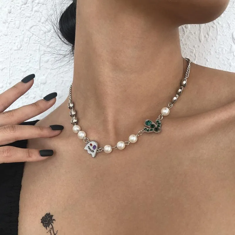 Chokers Элегантное жемчужное ожерелье ювелирные изделия Fun Crystal Ghost Ghost Cactus Charms Ожерелья вечеринка на хэллоуин мода