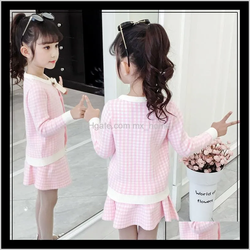 children`s suit 3-10 years old spring fall baby vintage temperament knitted round neck suit girl`s grid coat + skirt two-piece set