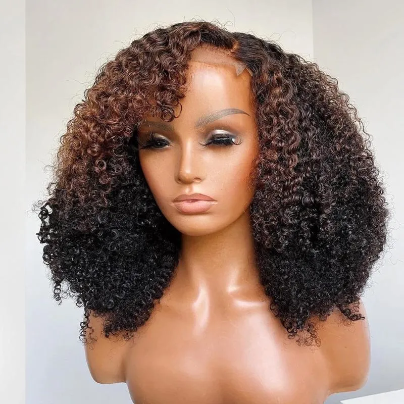 Full Lace Side Bangs Highlight Kinky Curly 13x6 Przezroczyste Przednie Włosów Wig Jedwabne Top 360 Frontal Fringe Remy Peruki