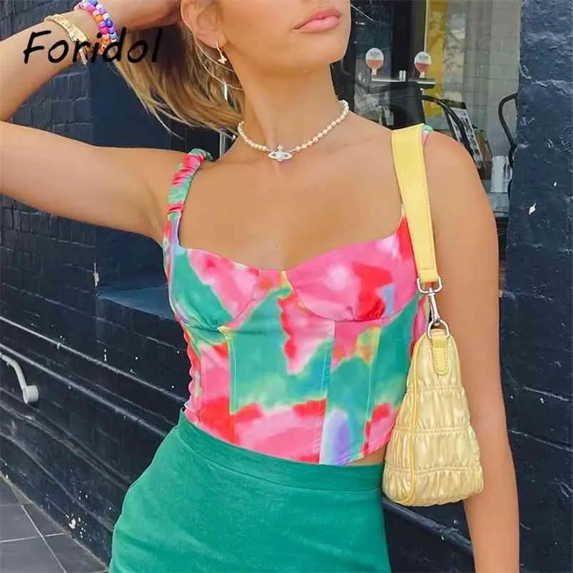Tie-gefärbte elastische Tanktops Frauen Sommer Boho süße Crop High Street Smocking Camis Kleidung 210427