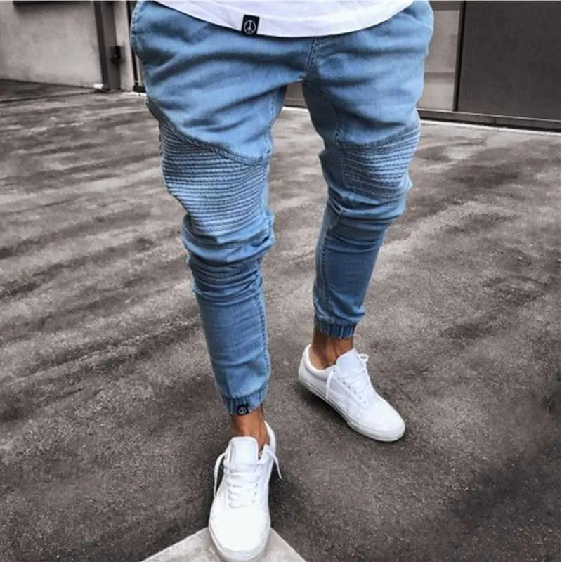 Men Stylish Pleated Jeans Biker Skinny Slim Straight Frayed Denim Trousers New Fashion Skinny Elastic Zipper Cowboy Pants X0621