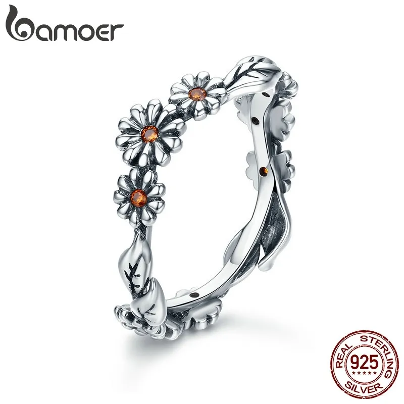 BAMOER 100% 925 Sterling Twisted Daisy Flower Female Finger Rings for Women Wedding Silver Jewelry Anel SCR298