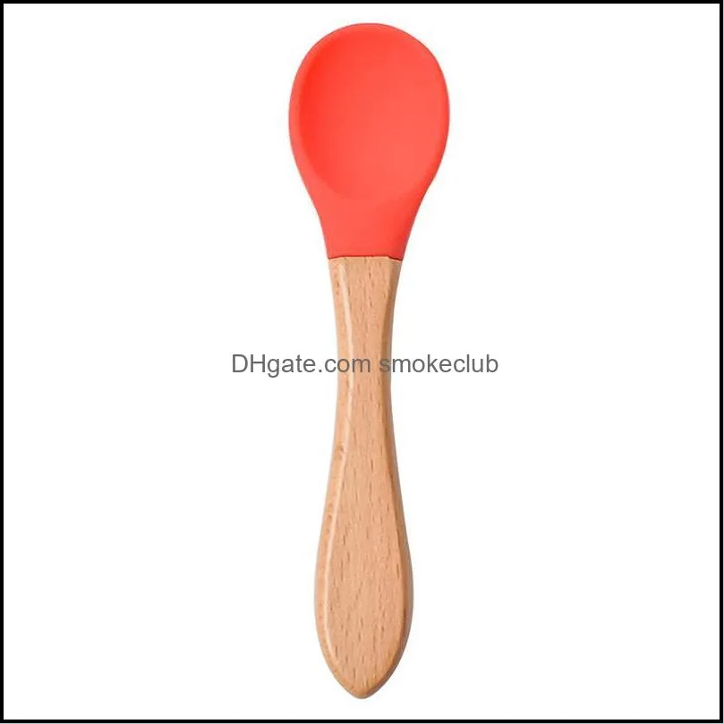 Flatware Kitchen, Dining Bar Home & Gardeby Feeding Wooden Handle Sile Spoon Baby Food Anti-Scald And Fall Resistance Training Spoons E4 Dro