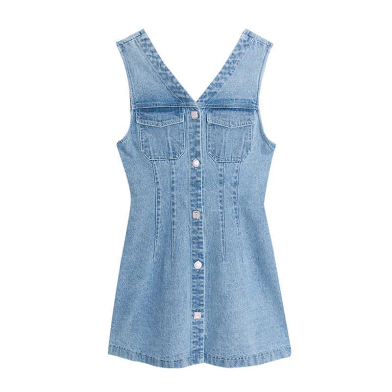 Kanske U Denim V Neck Mini Dress High Street Sexig Blå Ärmlös Knapp Empire Sommar A-Line D1910 210529