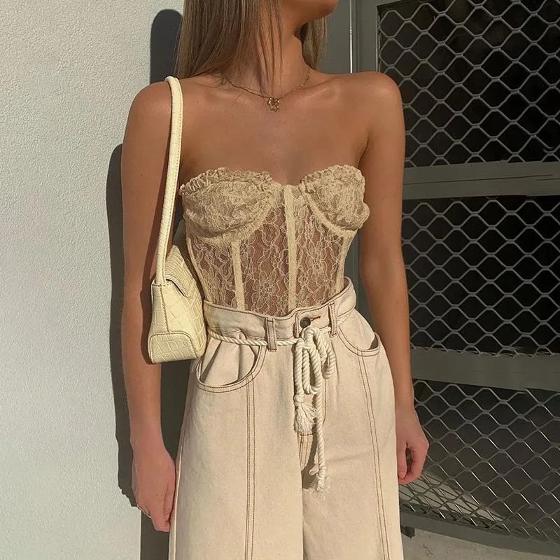 Kadın T-Shirt Kadın Seksi Dantel Çiçek Üstleri Örgü See-yoluyla Tüp Üst Moda Kapalı Omuz Backless Bayanlar Için Kırpma