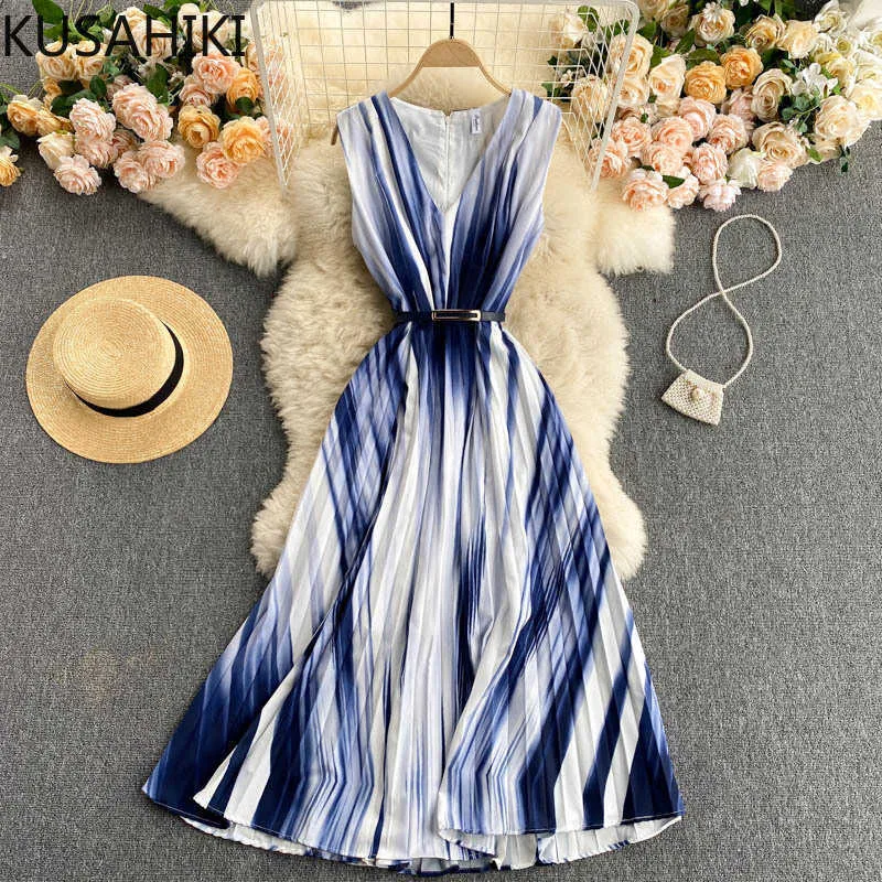 Summer Sleeveless V-neck Chiffon Dress with Tie Dye Belt and Zipper Closure  Mid-Calf Length