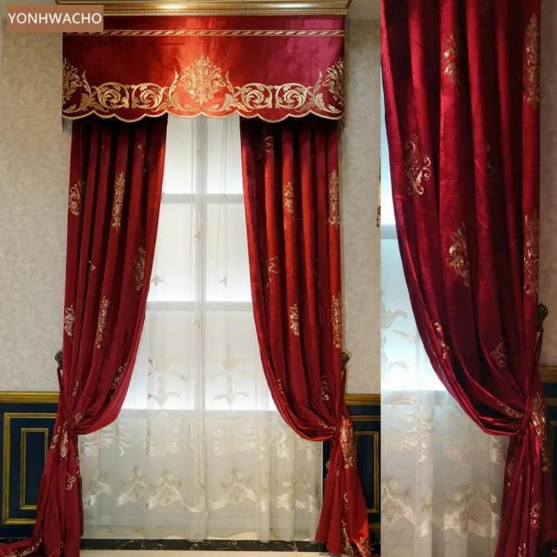 Gordijn gordijnen Custom European Flanel Velvet Geborduurde Villa Wedding Room Rode Doek Blackout Valance Tule Drapery C761