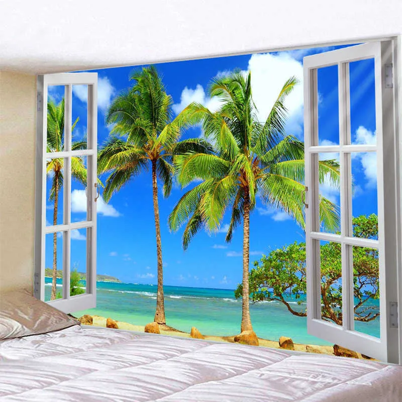 ココナッツツリーシー風景タペストリーインドマンダラタペストリーの壁掛けタペストリー自由奔放に生きる寝室の壁敷物毛布6サイズ210609