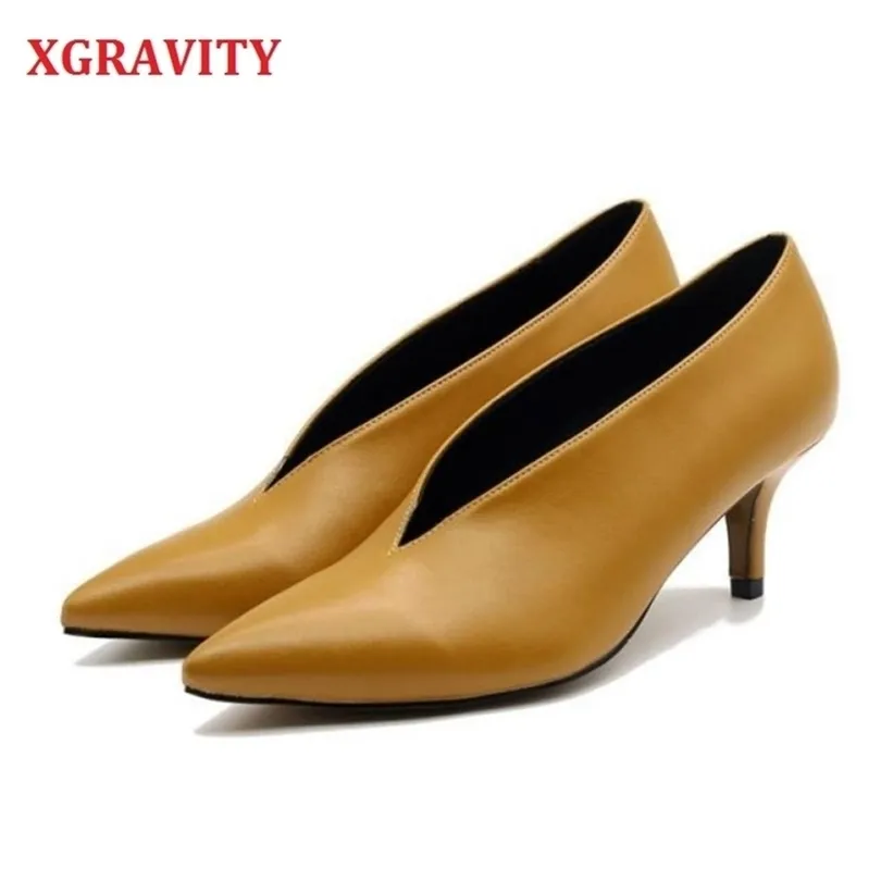 XGRAVITY Pop Star Pointed Toe Girl Thin Heel Woman Shoes Deep V Design Lady Fashion Elegant European Women C264 211123