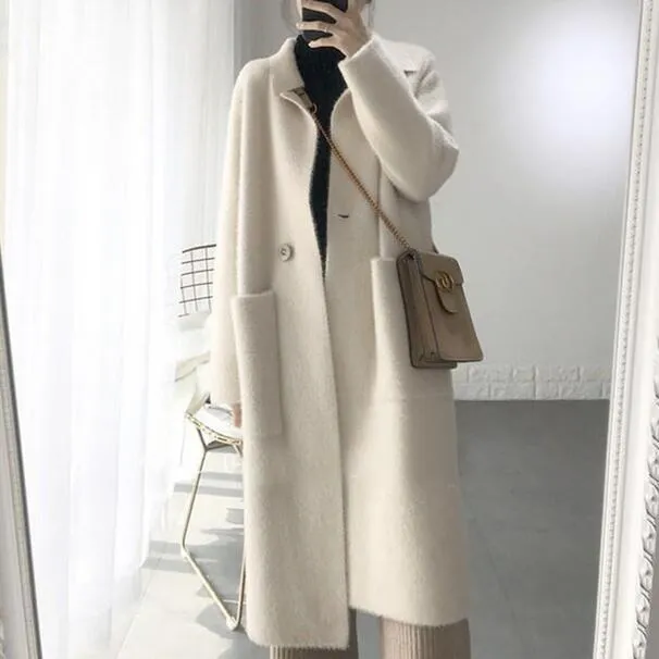 genuine mink cashmere sweater women pure cashmere cardigan knitted mink jacketn winter long fur coat DC486