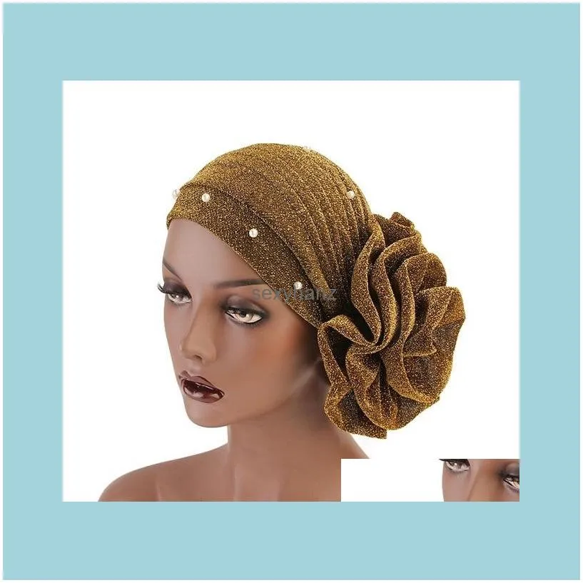 Fashion Women Hair Caps Muslim Beaded Glitter Turban India Cap Big Flower Headband Hair Lose Head Wraps Styling Accessories