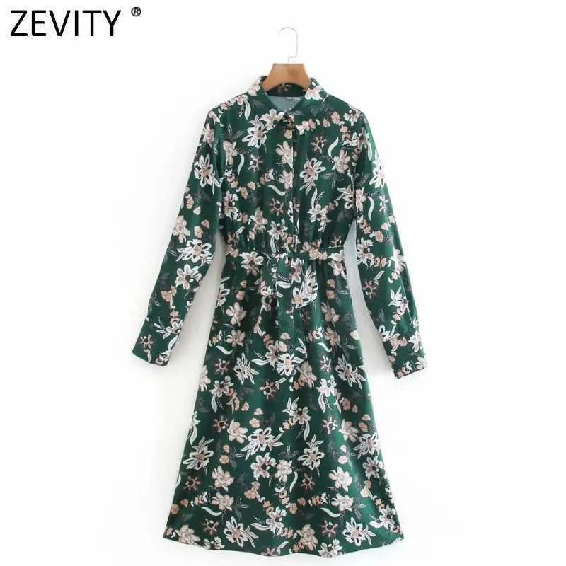 Zevity Women Vintage Totem Floral Print Sahses Green Midi Dress Femme Long Sleeve Casual Business Vestido Shirt Dress DS4807 210603