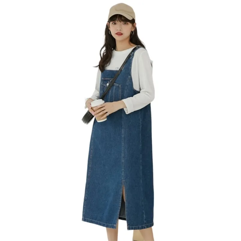 Jeans ajustável jeans vestido verão coreano solto bolso dividir midi-comprimento macacão estudante all-match azul denim sundresses 210604