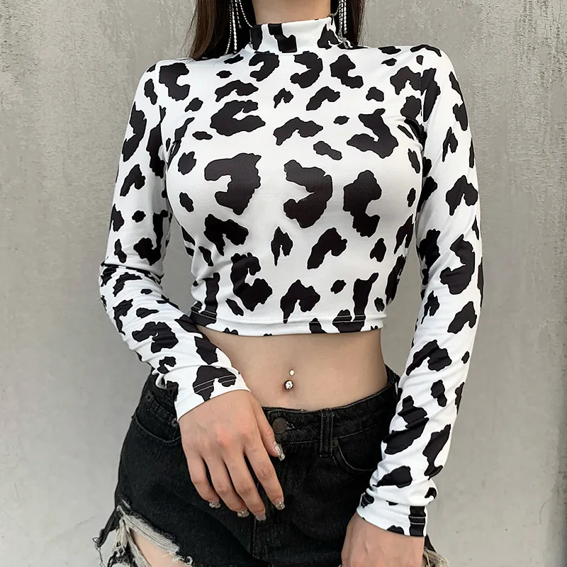Kvinnor mjölkko tryck långärmad gröda över hösten halv hög krage långärmad t-shirt sexig svart vit slim beskuren tshirt Femme 210507