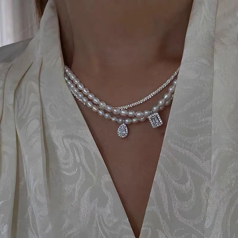 Ciondolo a goccia color argento con zircone stile coreano Collana a catena con clavicola di perle d'acqua dolce naturali geometriche Collane da donna
