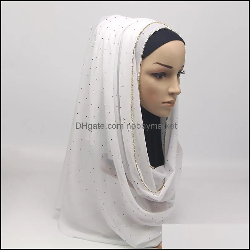 Solid hijab scarf gold chain muslim scarves plain bubble chiffon crystal scarf wraps shawls fashion headband long scarves