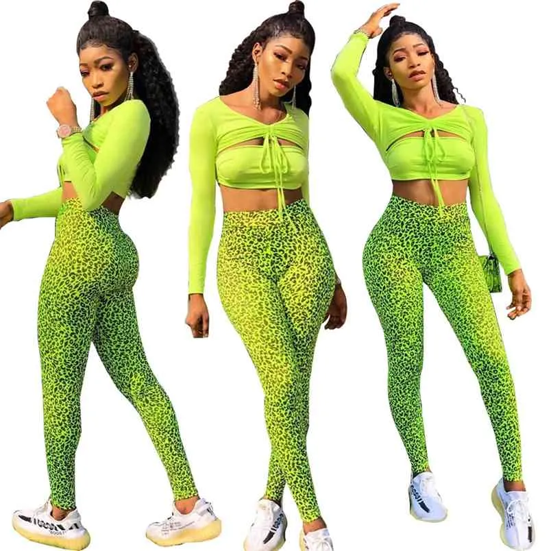 Punk Style Femmes Automne Maigre Néon Vert À Manches Longues Crop Top + Pantalon Léopard Deux Pièces Tenues Survêtement Casual Femme Ensembles 210517