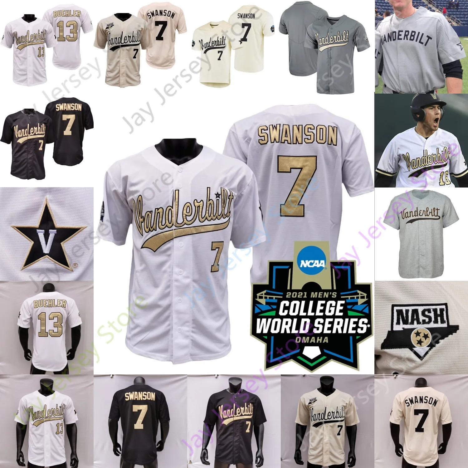 2021 NCAA College Baseball WS Vanderbilt Commodores Jersey Jack Leiter Dansby Swanson Walker