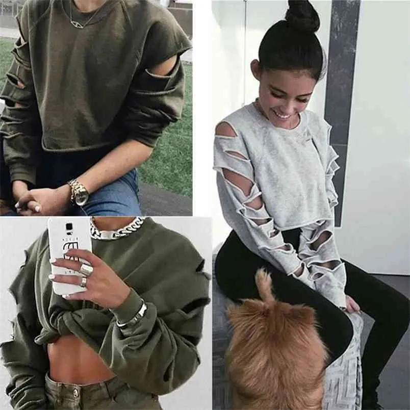 Collectie Dames Casual Pullovers Mode Tops Ronde hals Lange Mouw Solid Gat Cropped Sweatshirt Sudaderas Mujer 210517
