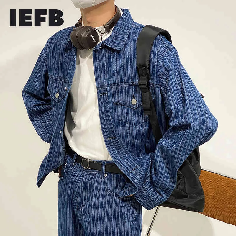 IEFB мужские друпки синие куртки пальто Harajuku Spring мода полосатая одиночная грудь джинсовая одежда мужская повседневная меню 9Y6219 210524