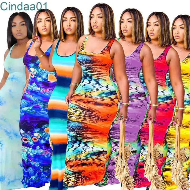 Kvinnor Klänning Designer Sexig Tie Dye Ärmlös Midi Dresses Ladies Pattern Printed Vest Long Kjol 7 Färger Plus Storlek S-5XL