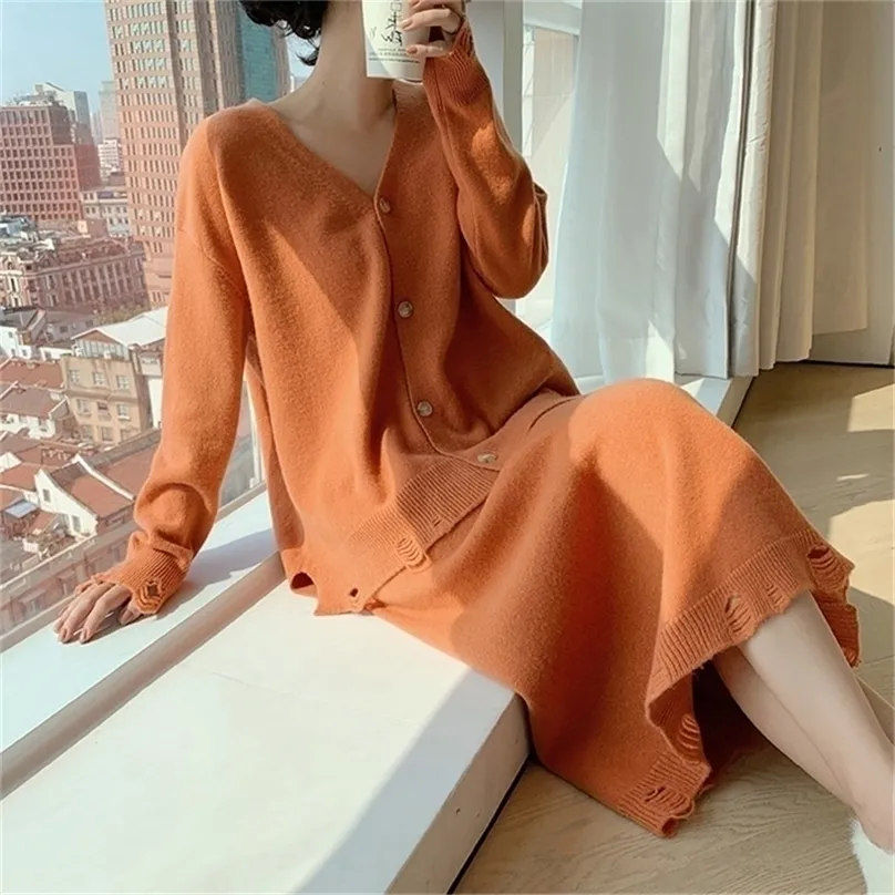 Outono inverno moda coreana casual de malha duas peças conjunto mulheres cardigan tops + saias longas conjuntos soltos 2 ternos 220302