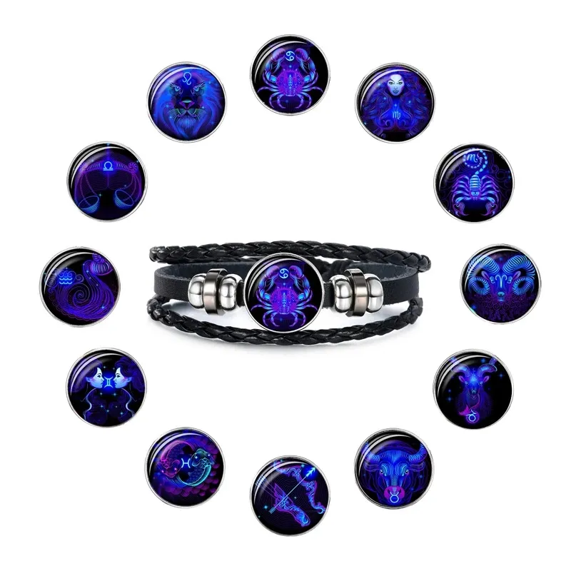 12 Constellation Sign Sign Pulseira Homens Multicamadas Trançado Couro Braceletes Bangle para Mulheres Moda Festa de Aniversário Jóias