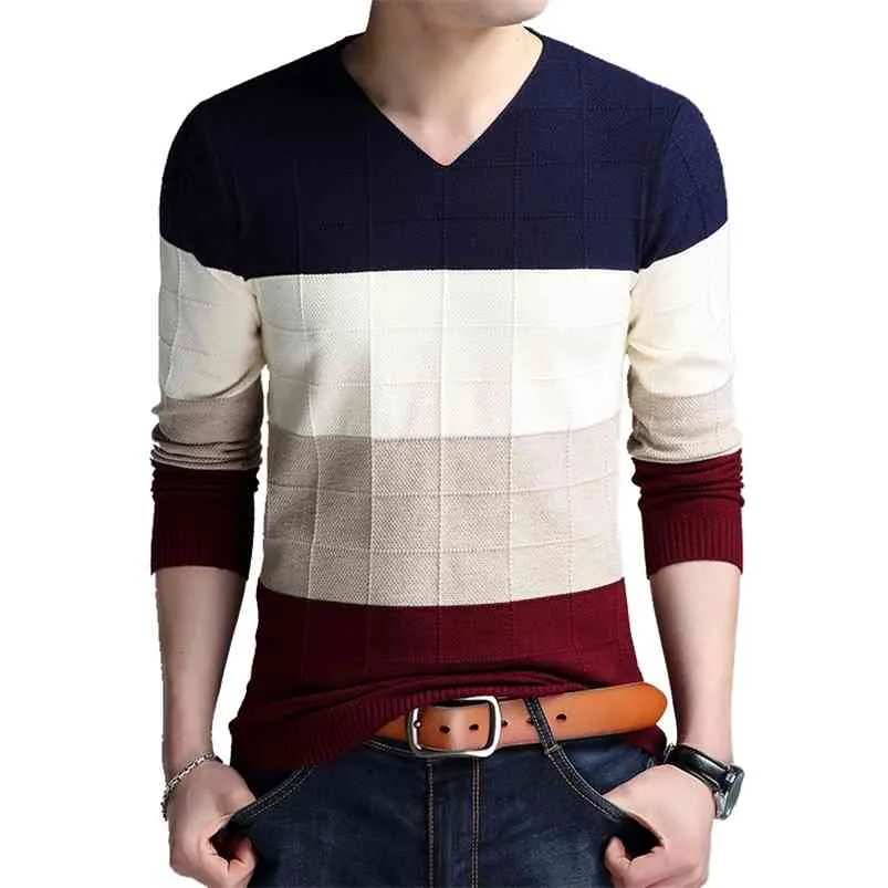 TFETTERS Brand-sweater Autumn Men's Long Sleeve T-shirt V-neck Slim Sweaters Knitted Striped Bottom Shirt Large Size M-4XL 210818