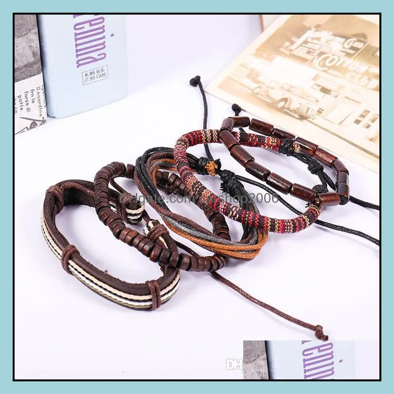 Vintage multi-piece set of hand-made wood bead wax rope leather bracelet male 2019 new