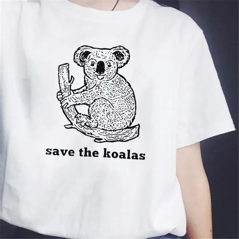 Koalas 그래픽 티 카키색 흰색 여성 티셔츠 캐주얼 재미 있은 Hipster 거리 스타일 70S 빈티지 여름 톱 210518