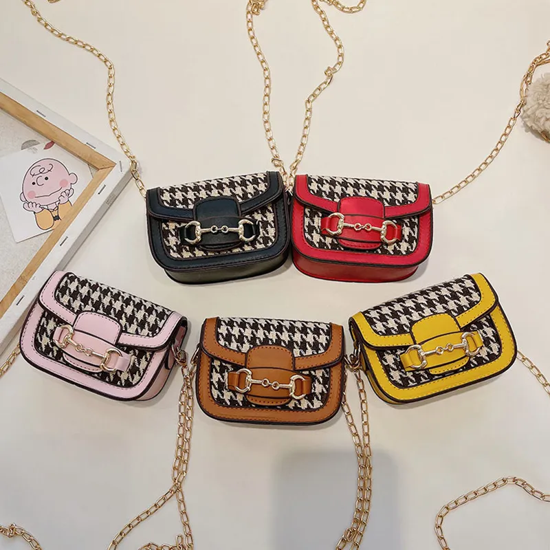 Çocuk Tasarımcı Çanta Çocuklar Houndstooth Baskılı Renk Eşleştirme Mini Eyer Çanta Küçük Kız Zincir Crossbody Çanta Sıfır Cüzdan F818