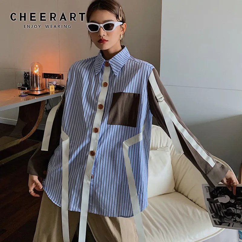 England Style Blue Striped Long Sleeve Blouse Women Ribbon Color Block Button Down Shirt Designer Top Fashion 210427