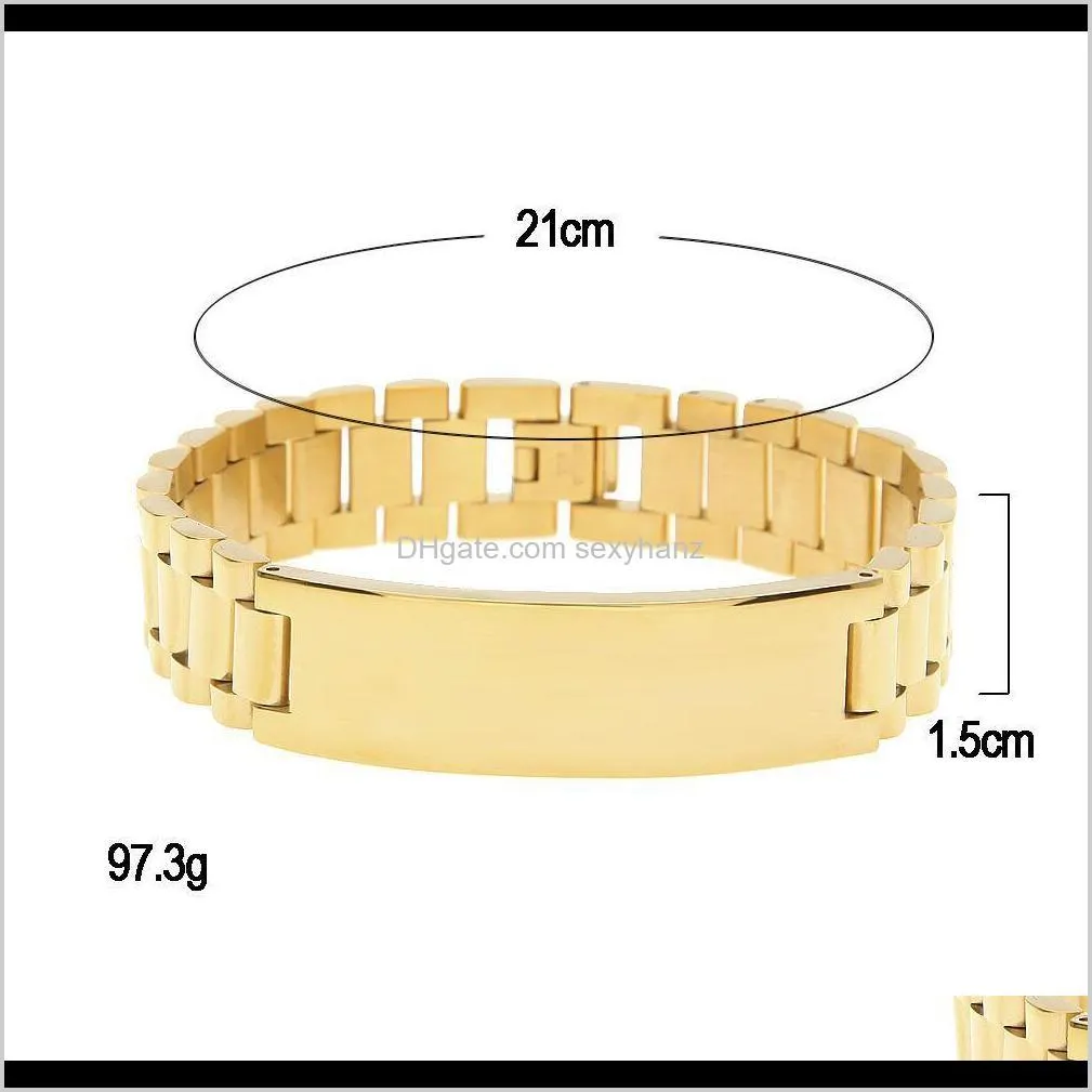 new mens watch bracelet gold plated stainless steel links cuff bangles hip hop jewelry for men gift