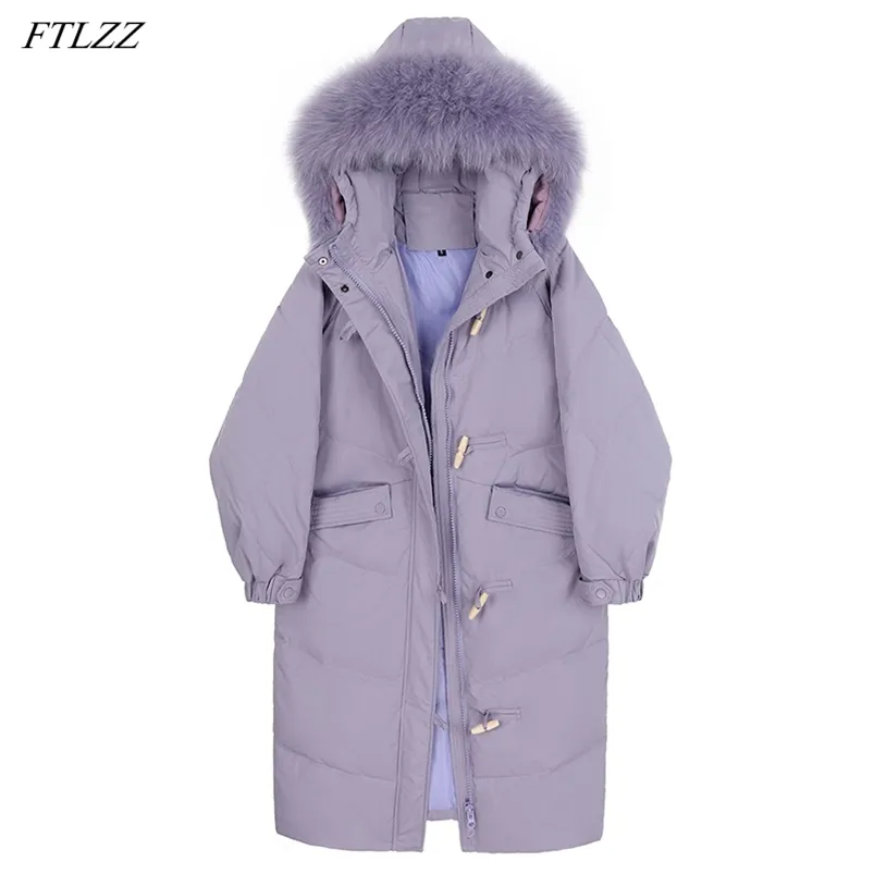 Winter Große Echte Fuchspelz Mit Kapuze Lange Daunenjacke Dicke Lila Warme Ochsenhorn Schnalle Outwear 90% Weißer Entenmantel 210430