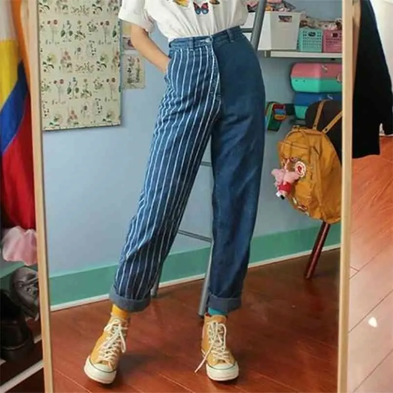 Vintage listrado feminino jeans calças retas cintura alta denim tecido azul calças femininas casuais menina chique 210809