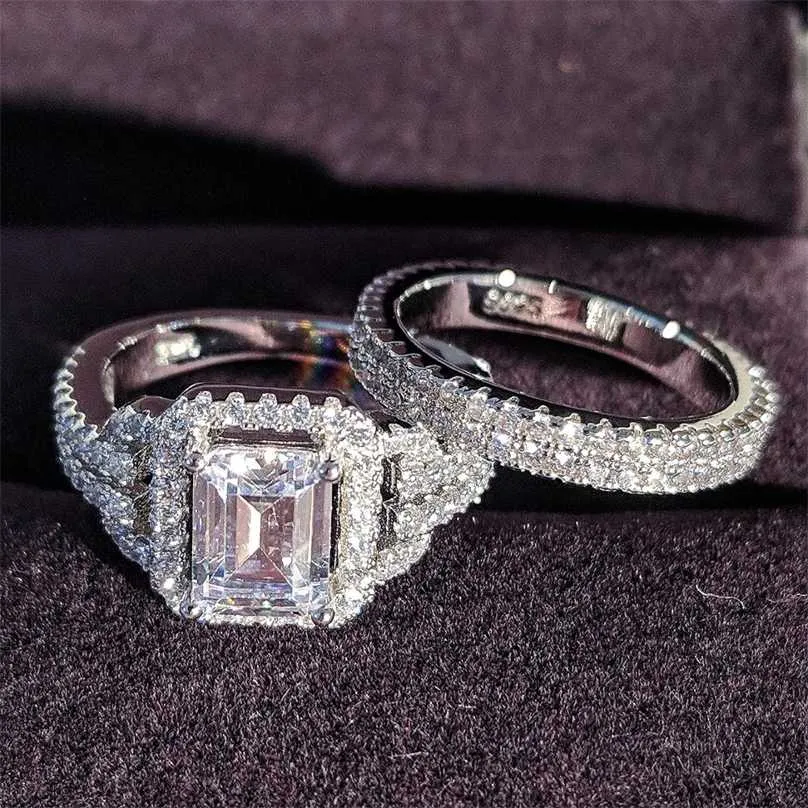 Solid 925 Sterling Silver Zircon Wedding Ring Set för Bridal Women Finger Luxury Partihandel Massor Bulk Smycken R4835 211217