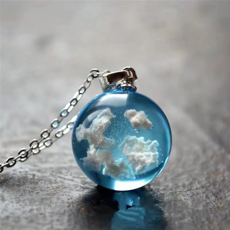 Chic Transparent Women Blue Sky White Cloud Resin Rould Ball Moon Pendant Necklaces Chain Fashion Jewelry Gifts for Girl