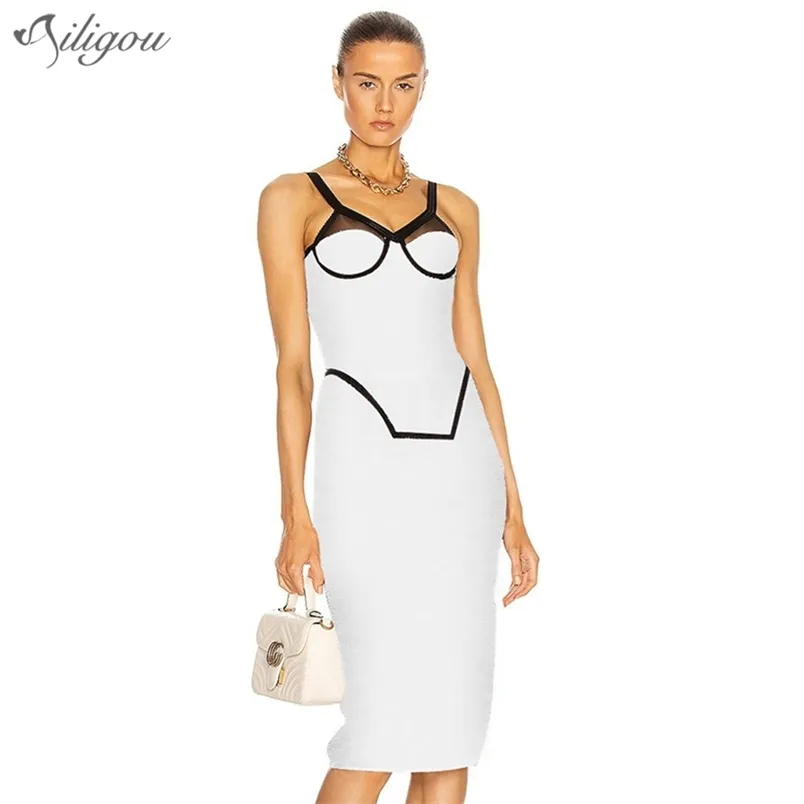 Summer High Quality Sexy Bandage Women Midi Dress White Spaghetti Strap Bodycon Party Club Celebrity 210525