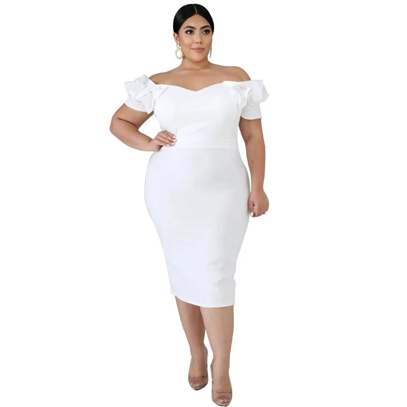 Off The Shoulder Dresses Plus Size 3XL Ruffles Short Sleeve Bodycon Knee Length Office Evening Party Event Robe Drop 210527