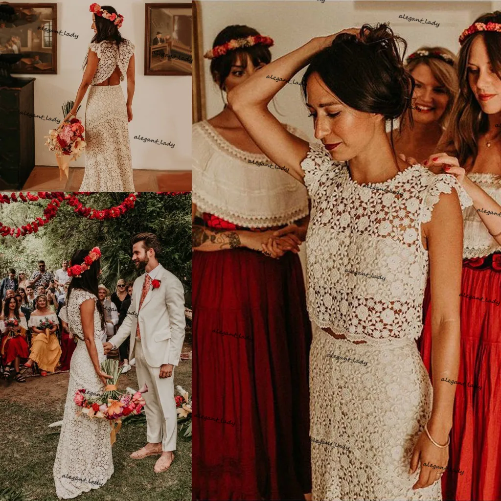 Vintage Crochet Cotton Lace Bröllopsklänningar Skörd Top Bohemian Country Beach Two Pieces Bridal Dress Vestido de Fiesta de Boda