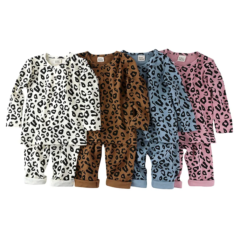 Lente herfst baby jongens meisjes kleding pyjama set 6m-6t kinderkleding kinderen gedrukt luipaard nachtkleding loungesuits katoenen meisje avondjurk